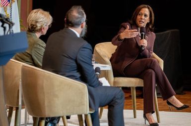 Vice President Kamala Harris (right) makes a point during her discussion with U.S. Energy Secretary Jennifer Granholm (left) and Kyle Whyte, the George Willis Pack Professor in the School for Environment and Sustainability. (Photo by Eric Bronson, Michigan Photography)