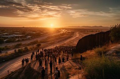 view of people overlooking a sunset at a border