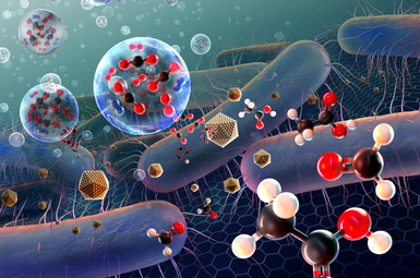 Artistic rendering of waste CO2 gas streams being upgraded to valuable chemicals by metal nanoparticles or electroactive microbes. Image credit: SayoStudio