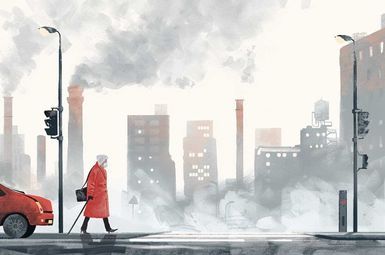 a person walking through an industrial area with smokestacks and air pollution