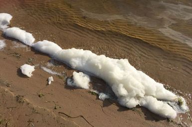 A foam wave breaking on the sand of a beach. Image credit: Michigan Department of Environment, Great Lakes, and Energy