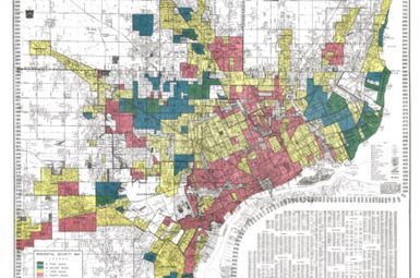 1930s map of Detroit, Michigan, which graded land based on race. The “least desirable” neighborhoods were color-coded as red. Map courtesy of “Mapping Inequality” and the National Archives and Records Administration. 