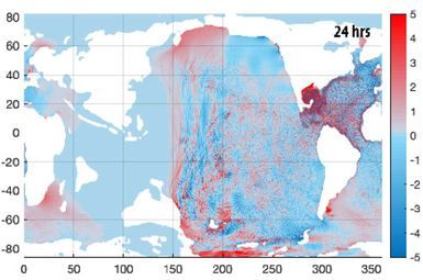 Modeled tsunami sea-surface height perturbation, in meters, 24 hours after the asteroid impact. This image shows results from the MOM6 model, one of two tsunami-propogation models used in the University of Michigan-led study. Image credit: From Range et al. in AGU Advances, 2022