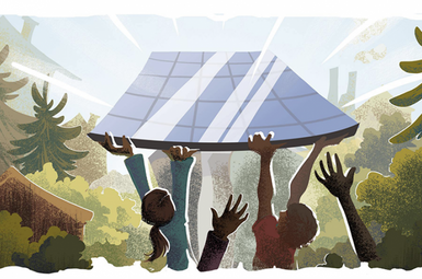 an illustration of people holding up solar panels