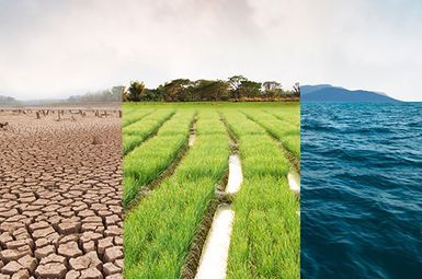 Three landscapes: a drought, green crops and water