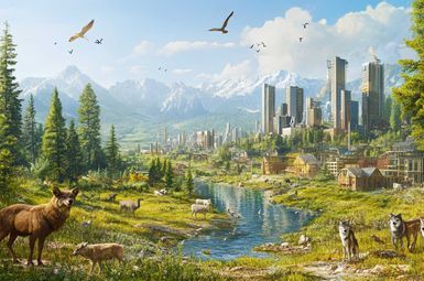 an illustration showing a city juxtaposed against nature and animals