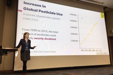 Author and activist Anna Lappé in front of a screen with a slide indicating the increase in global pesticide use