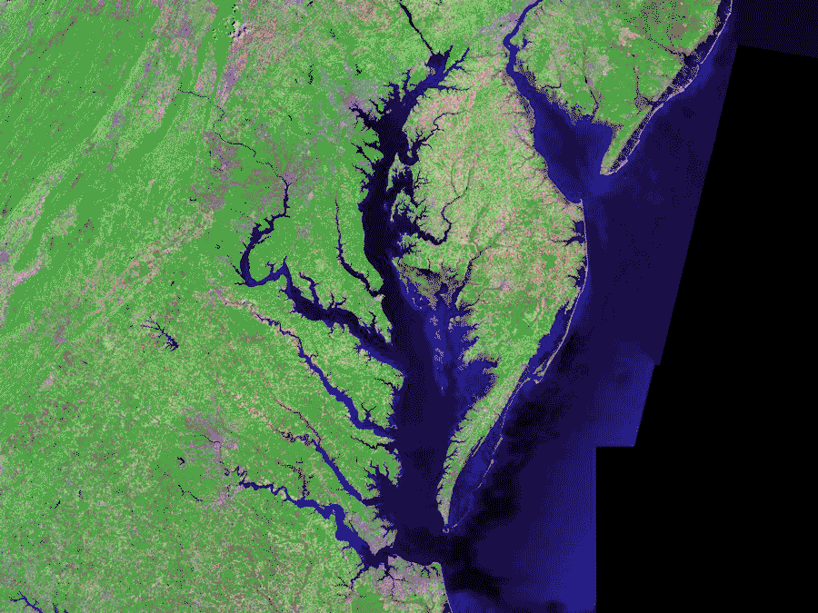 Satellite (Landsat) picture of Chesapeake Bay (center) and Delaware Bay (upper right) – and Atlantic coast of the central-eastern United States. Image credit: Landsat/NASA, Public Domain, via Wikimedia Commons.
