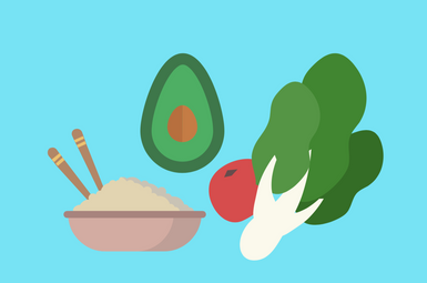 Illustration of a bowl of rice with chopsticks, an avocado, lettuce, and a tomato