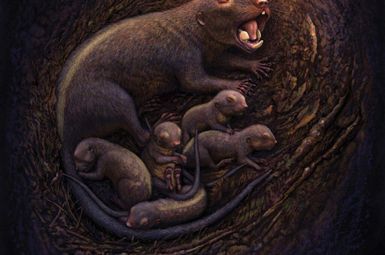 An artistic rendering of multituberculates from the genus Mesodma—a mother with her litter of offspring—who lived in western North America  60 to 70 million years. Fossil evidence indicates that these creatures were the most abundant mammals in western North American just before and directly after the mass extinction event 66 million years ago that killed off the dinosaurs. Image credit:  Andrey Atuchin
