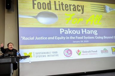Pakou Hang giving a presentation at the University of Michigan