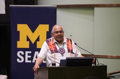 Frank Ettawageshik, executive director of the United Tribes of Michigan spoke at the Great Lakes Compact Symposium.Frank Ettawageshik, executive director of the United Tribes of Michigan, speaking at the Great Lakes Compact Symposium. Photo credit: Nick Hagen Photography
