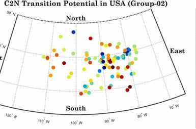 The color-coded scatterplot shows the feasibility of coal-to-nuclear transitions at larger coal plants, more than 1,000 megawatts electric, across the U.S., plotted by latitude and longitude. Red and warm colors represent high feasibility, transitioning through green to dark blue as the lowest feasibility. Image credit: Md Rafiul Abdussami, Fastest Path to Zero, University of Michigan