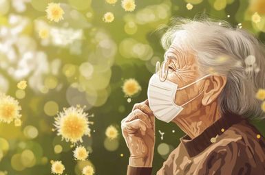 Concept illustration made with Midjourney of an older woman wearing a mask as pollen drifts in the air around her. 