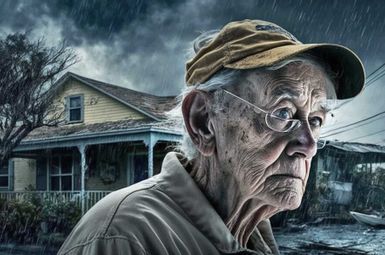 An older adult standing in front of a house during a storm