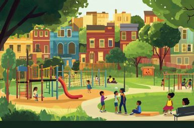 Concept illustration of an urban neighborhood playground filled with children. 