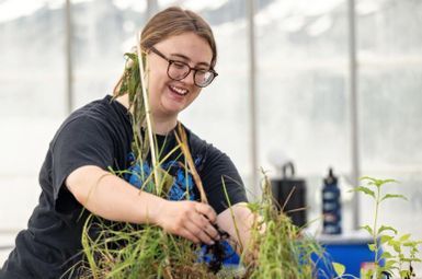 a person tending a plant at Matthaei Botanical Gardens