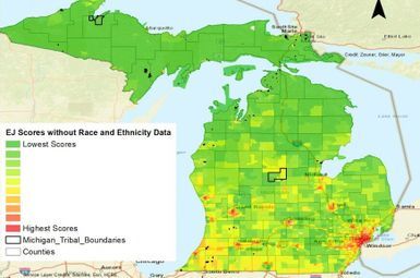 Final map of Michigan census tracts ranked by environmental justice scores. Image credit: figure 15 (from the report, “Assessing the State of Environmental Justice in Michigan”)