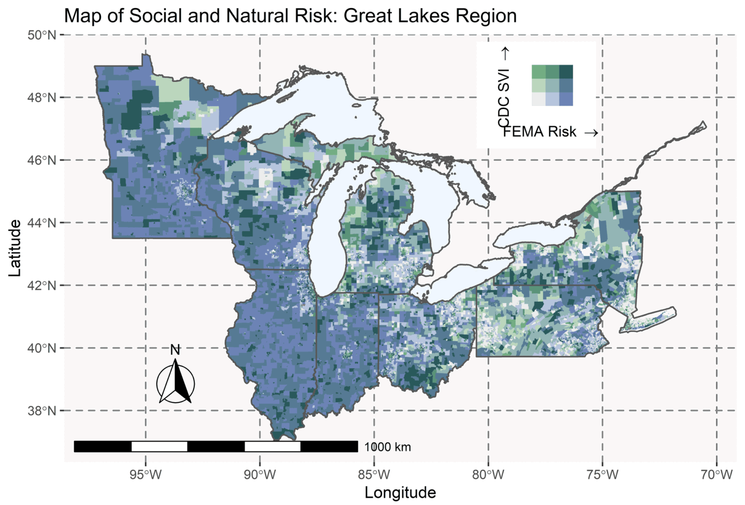 Map of social and natural risk in the Great Lakes region, using data from the FEMA National Risk Index ranks and the CDC’s Social Vulnerability Index. Dark green represents high vulnerabilities in both FEMA risk and the social vulnerability index. Gray indicates low vulnerabilities for both. Blue indicates high FEMA risk, while green indicates a high social vulnerability index ranking. Image credit: Van Berkel et al., “Planning for climate migration in Great Lakes Legacy Cities,” Earth’s Future, October 2022