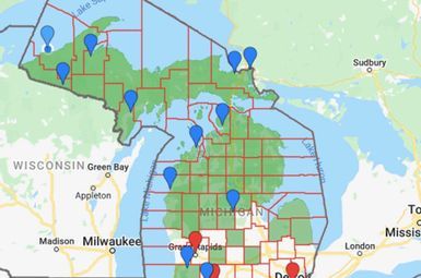 Map showing targeted survey areas in green. Blue pins are federally-recognized Native American tribes. Red pins are Kellogg project areas. Image courtesy: Kate Bauer