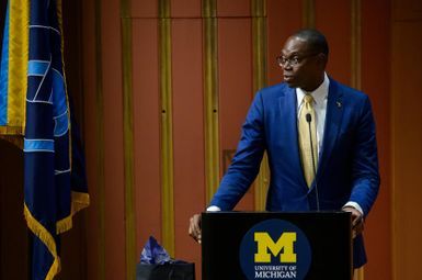 Lt. Governor Garlin Gilchrist in front of a Michigan podium
