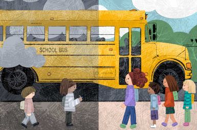 a drawing of a school bus with various states of pollution
