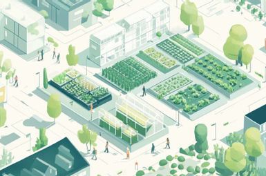 An illustration shows a small plot in an urban area filled with rows of crops.