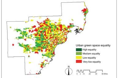 Urban green space equality distribution map. This figure shows the urban green space equality level for each census tract in our study area. From green to red, the equality level of urban green space decreases. High-equality spaces represent areas with relatively more equal access to urban green space within walkable distance, while low-equality spaces mean that residents have unequal access to urban green space.
