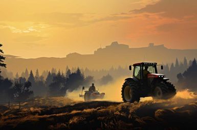 a tractor in front of a hazy sky