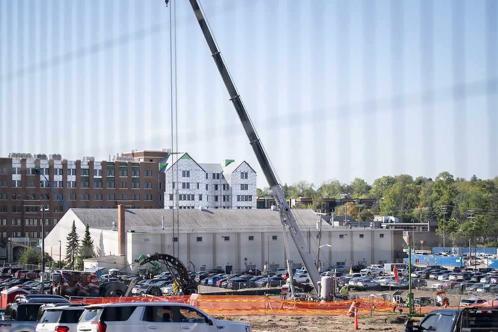 Crews are drilling a test borehole capable of reaching a depth of 1,600 feet, about twice as deep as conventional geoexchange bores. (Photo by Scott C. Soderberg, Michigan Photography)