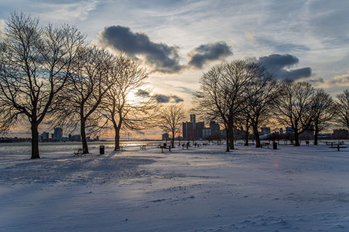 Belle Isle sunset in winter with the Detroit skyline in the background