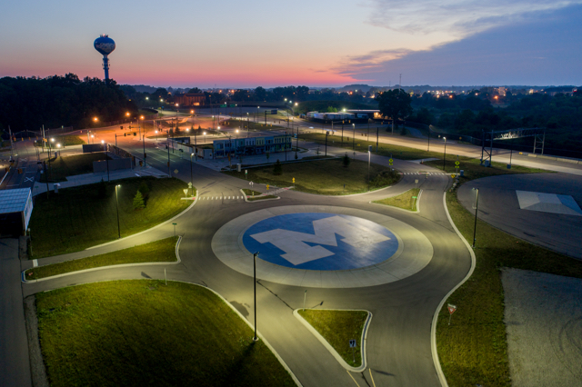 The Mcity track at sunset, with the large Block M in the center of the frame